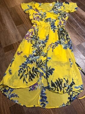 Yellow Floral  Dress with Blue & Purple Print